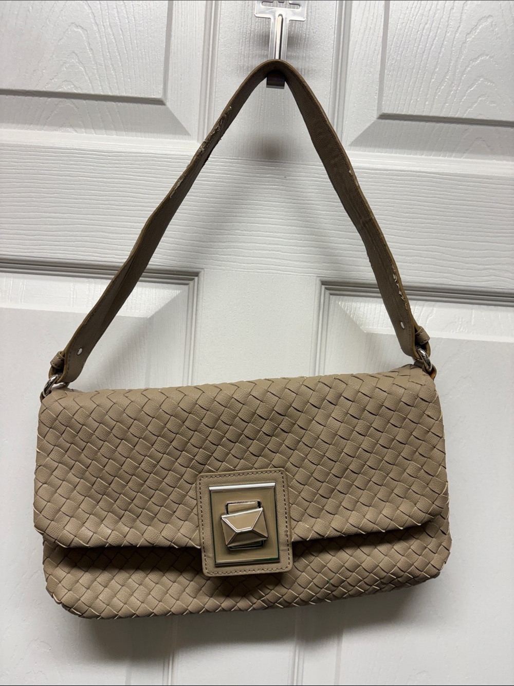Kate Landry Woven Shoulder Bag in Taupe - Faux Leather Handbag Silver Accents
